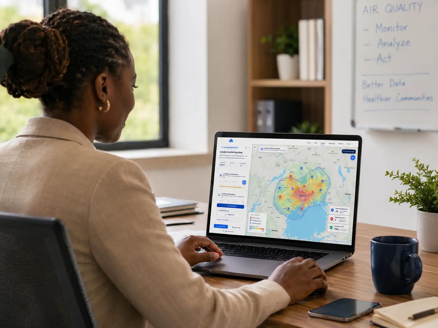AirQo AI Locate workspace showing an analysis boundary, recommended monitoring sites, and planning insights